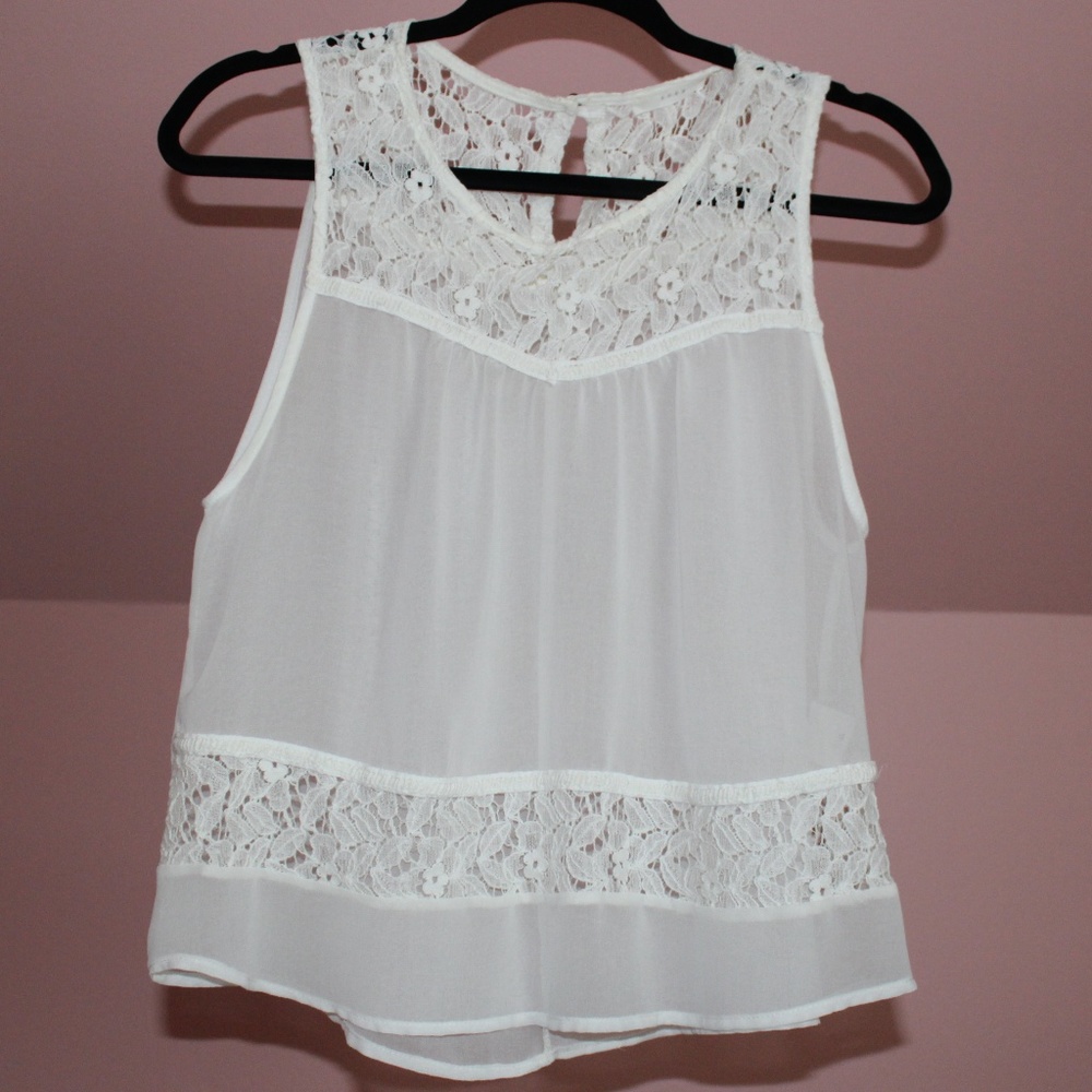 LUSH See-Through White Floral High-Low Blouse Sz S